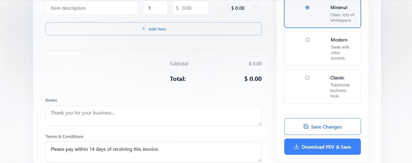 Invoice Builder — Settings